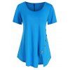 T-shirt Long Fendu Embelli de Bouton - Ciel Bleu Foncé 2XL