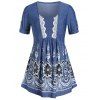 T-shirt Tunique Evasé Fleuri Imprimé de Grande Taille à Col U - Bleu gris 1X