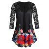 T-shirt Tunique Fleuri Imprimé en Dentelle Insérée de Grande Taille - Noir Profond 4X