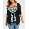 T-shirt Fleuri Imprimé Noué de Grande Taille à Col U - Noir 4X