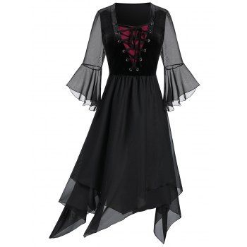 

Plus Size Lace Up Bell Sleeve Layer Handkerchief Punk Dress, Black