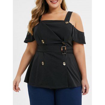 

Tailored Double Breasted Plus Size Cold Shoulder Top, Black