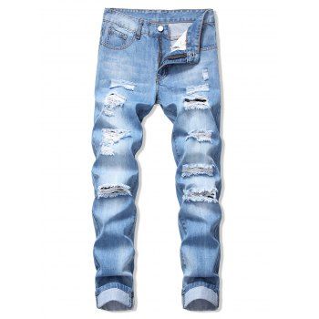 

Destroy Wash Faded Long Straight Jeans, Denim blue