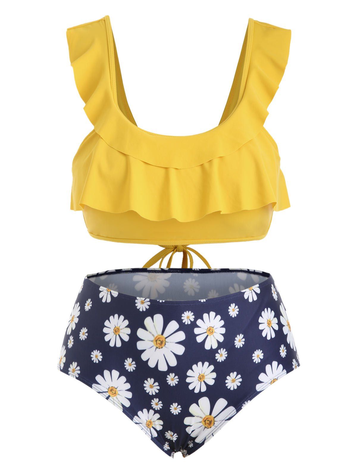 Plus Size Daisy Print High Waist Ruffled Bikini Set - BEE YELLOW 4X