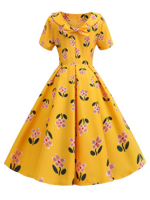 Robe Vintage Fleurie avec Nœud Papillon au Dos - Jaune XL