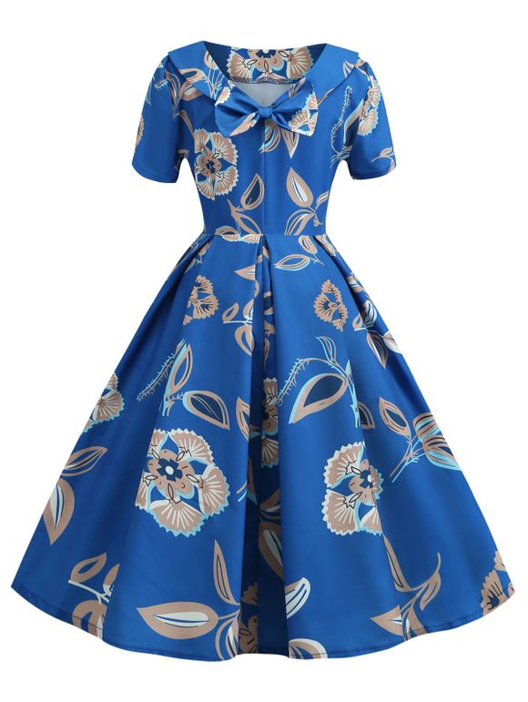 Robe Vintage Fleurie avec Nœud Papillon au Dos - Bleu Océan M
