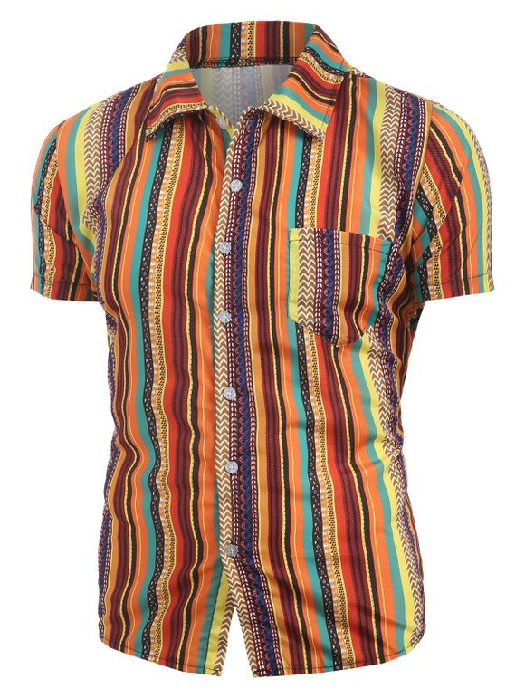 Chemise Vintage Boutonnée à Rayure avec Poche - Orange S