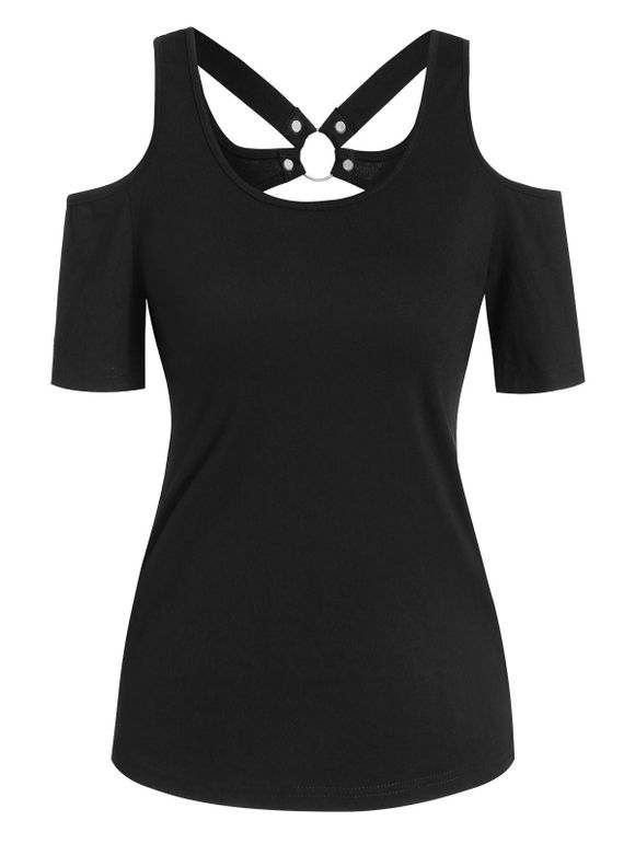 T-shirt Découpé Anneau en O à Epaule Dénudée - Noir 2XL