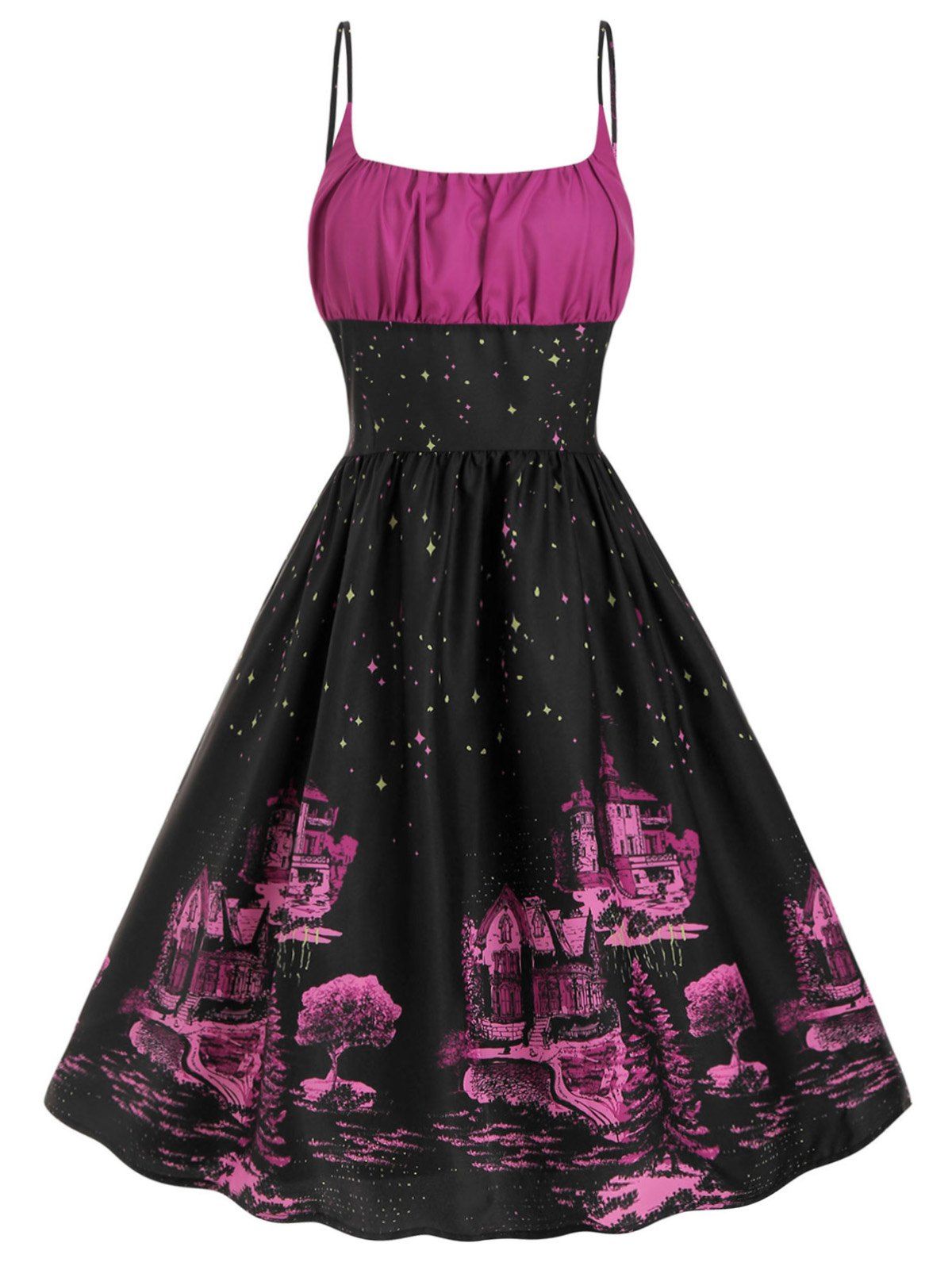

Star Castle Print Back Zipper Plus Size Cami Dress, Black