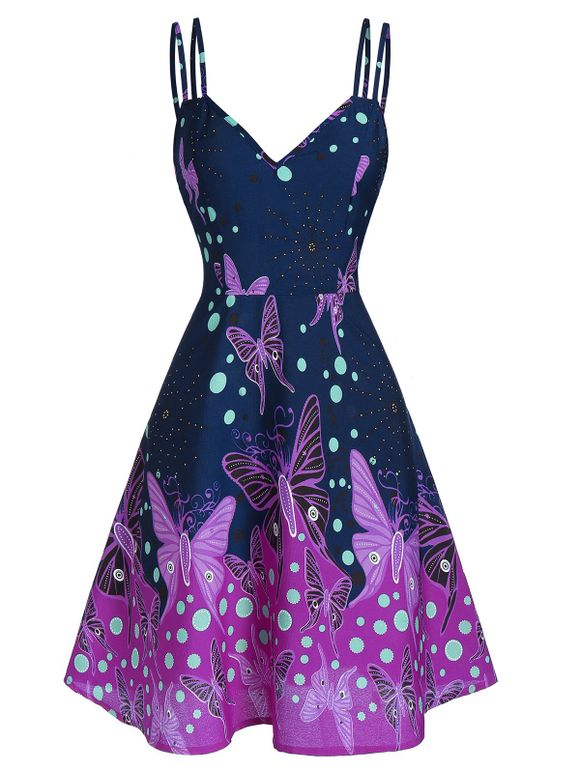 Cami Butterfly Print A Line Mini Dress - CADETBLUE XL