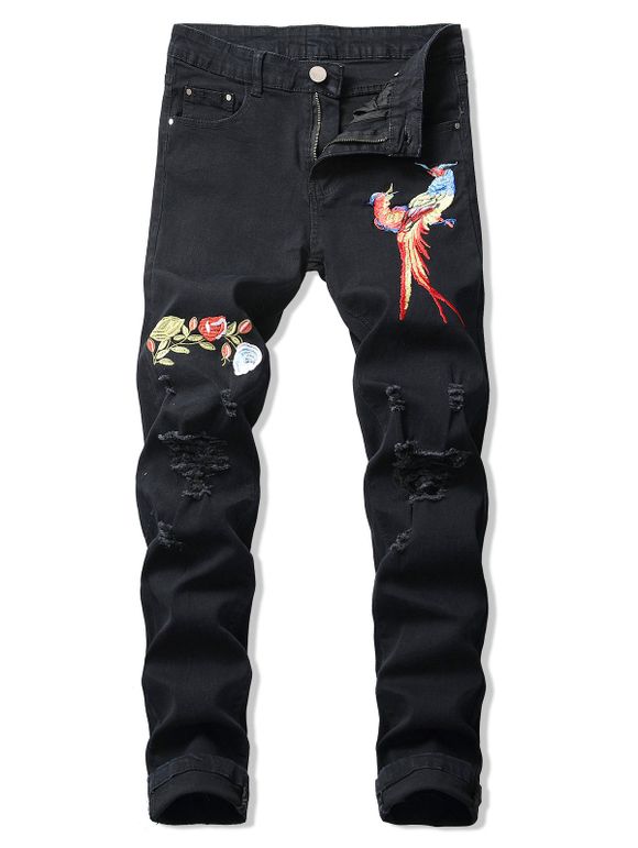 Floral Bird Embroidery Ripped Long Jeans - BLACK 34