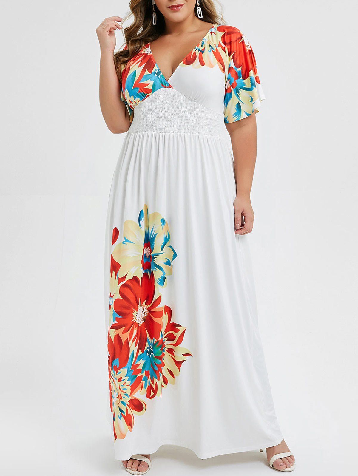 [24% OFF] 2021 Plus Size Floral Print Smocked Maxi Dress In WHITE ...