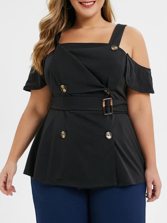 Tailored Double Breasted Plus Size Cold Shoulder Top - BLACK 5X