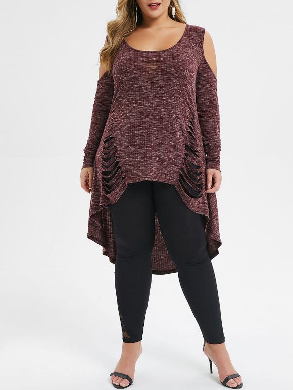 Plus Size Cold Shoulder Ripped High Low T-shirt - RED WINE 4X