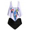 Feather Print Ruched Overlay Flounces Plus Size Tankini Swimsuit - WHITE 4X