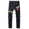 Floral Bird Embroidery Ripped Long Jeans - BLACK 34