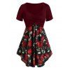 T-shirt Tunique Rose Imprimée de Grande Taille Col à Volants - Rouge Vineux L