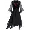 Plus Size Lace Up Bell Sleeve Layer Handkerchief Punk Dress - BLACK 4X