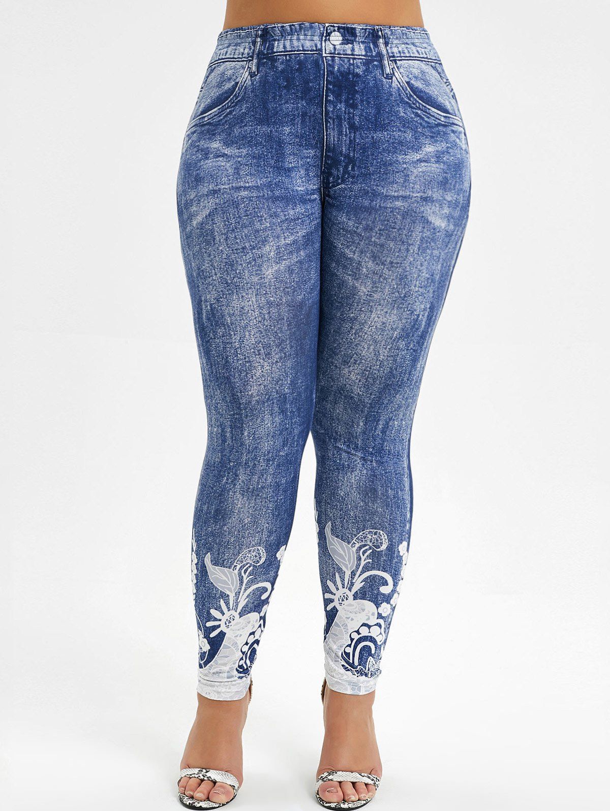 

3D Printed High Waisted Plus Size Jeggings, Blue