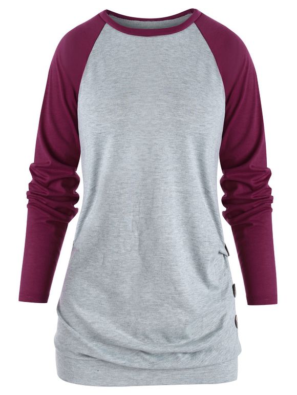 T-shirt Embelli de Bouton en Blocs de Couleurs à Manches Raglan - Rose Oeillet Foncé XL