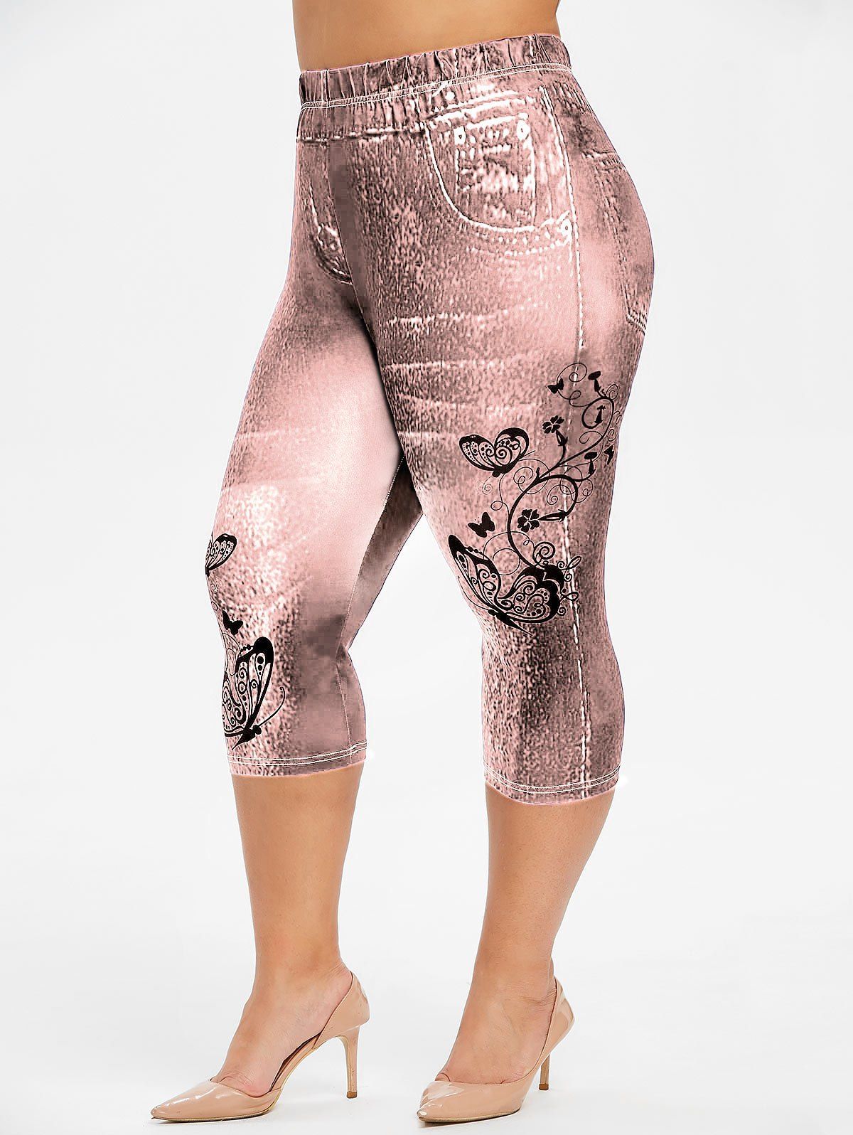 

Plus Size Butterfly 3D Jean Print Leggings, Pink
