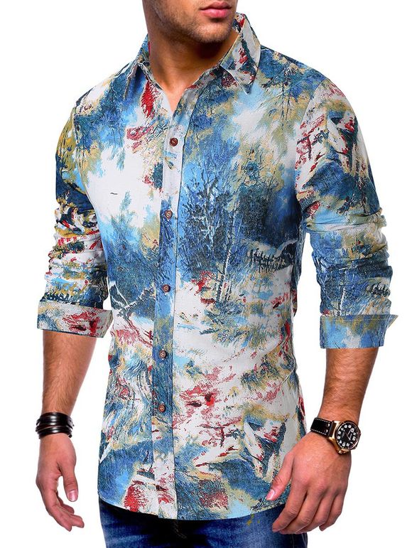 Chemise Boutonnée Peinture Colorée Imprimée à Manches Longues - Bleu XL