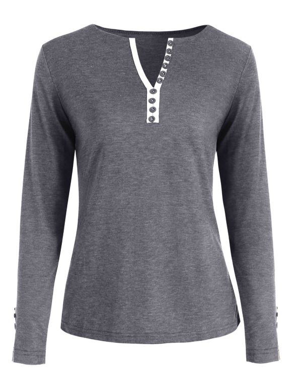 T-shirt Fendu Embelli de Bouton Coupe en V - Gris 2XL