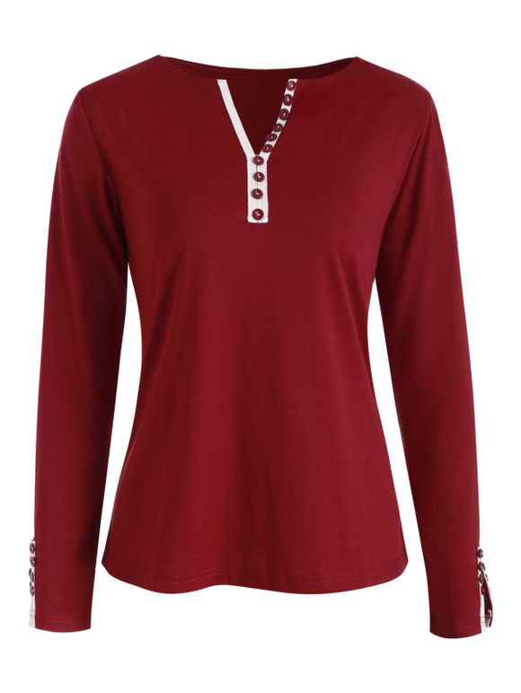 T-shirt Fendu Embelli de Bouton Coupe en V - Rouge Vineux M