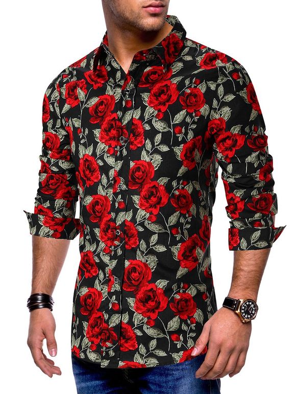 Chemise Boutonnée Rose Fleur Imprimées Partout à Manches Longues - Noir XL