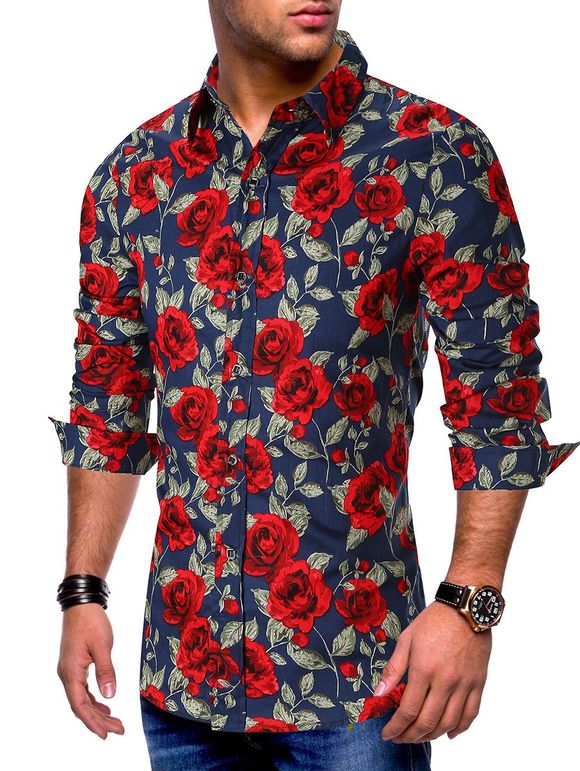Chemise Boutonnée Rose Fleur Imprimées Partout à Manches Longues - Cadetblue XL
