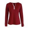 T-shirt Fendu Embelli de Bouton Coupe en V - Rouge Vineux S