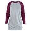 T-shirt Embelli de Bouton en Blocs de Couleurs à Manches Raglan - Rose Oeillet Foncé L