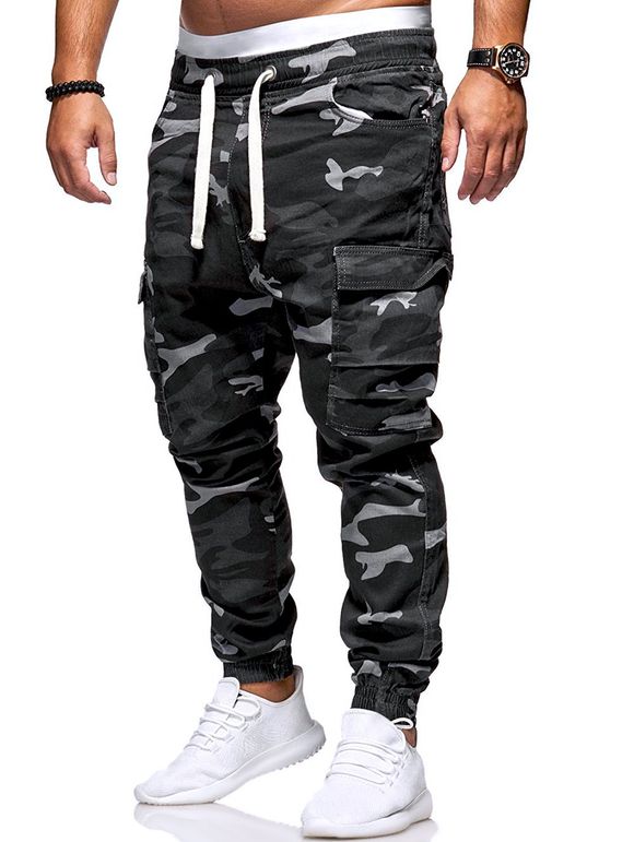 Pantalon de Jogging Cargo Camouflage Imprimé avec Multi-Poches - Noir M