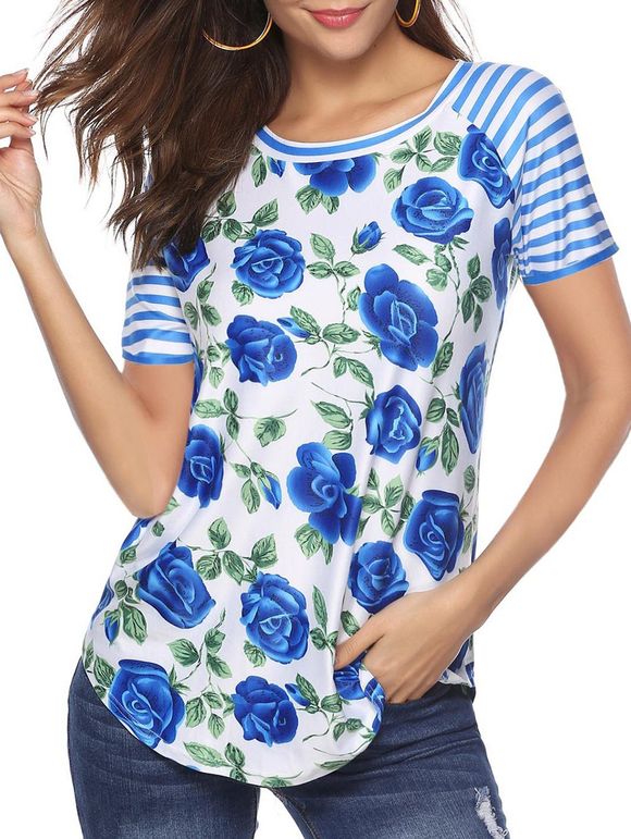 T-shirt Rayé Fleuri Imprimé à Manches Raglan - Bleu 2XL