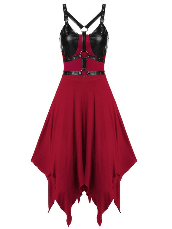 Grommet Faux Leather Panel Asymmetric Handkerchief Dress - LAVA RED XL