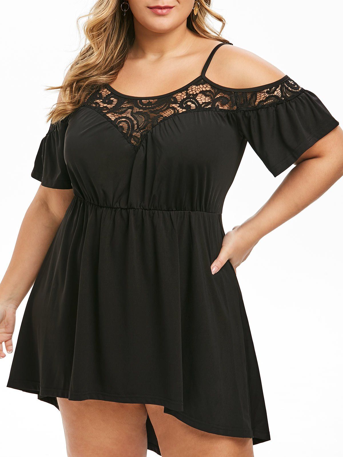 

Plus Size Lace Panel Cold Shoulder High Low Dress, Black