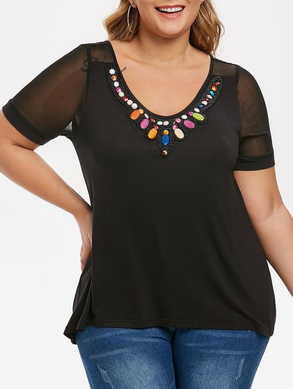 T-shirt Tunique Perlé Découpé de Grande Taille - Noir 5X