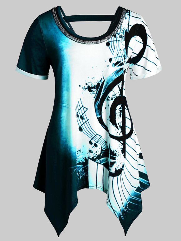 T-shirt Asymétrique Embelli de Chaîne Note de Musique Imprimée de Grande Taille - multicolor D M