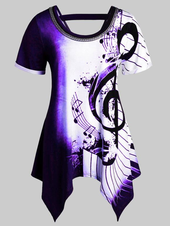 T-shirt Asymétrique Embelli de Chaîne Note de Musique Imprimée de Grande Taille - multicolor E L