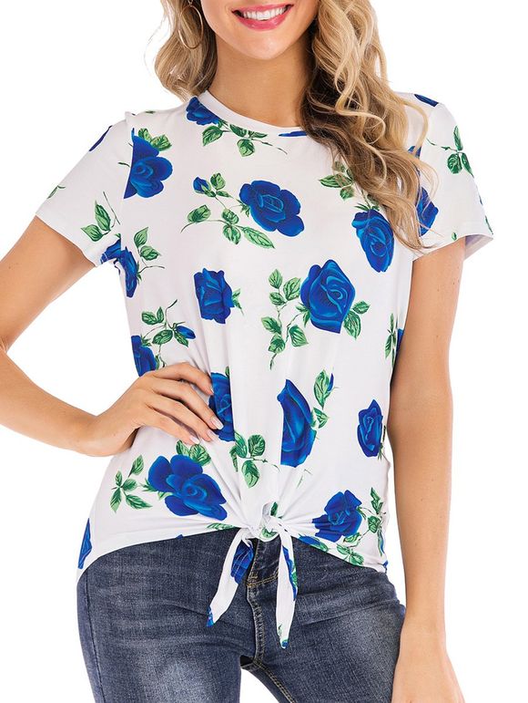 T-shirt Fleuri Imprimé Noué à Col Rond - Bleu 2XL
