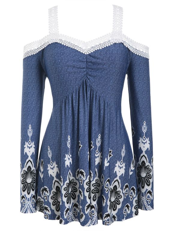 T-shirt Fleuri Imprimé à Epaule Dénudée de Grande Taille - Bleu Foncé Toile de Jean 5X