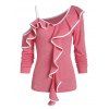 T-shirt Contrasté à Manches Longues à Volants - Rose Rosé 2XL