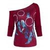 T-shirt Plume Imprimée Manches Longues à Col Oblique - Rouge Vineux L