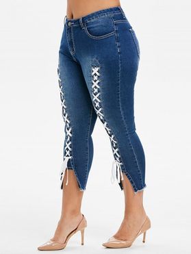 Plus Size Lace Up Frayed Cropped Jeans