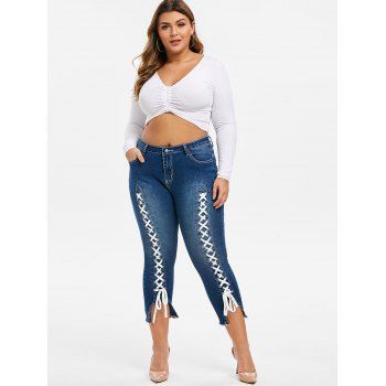 Buy Plus Size Lace Up Frayed Cropped Jeans. Picture