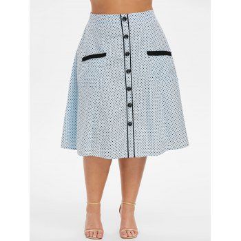 

Dots Buttoned Front Pockets Plus Size Skirt, Light blue