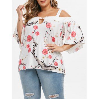 

Plus Size Open Shoulder Peach Blossom T-shirt, Milk white