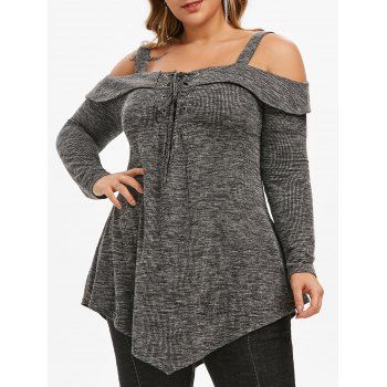 

Space Dye Ribbed Open Shoulder Lace Up Plus Size Top, Dark gray