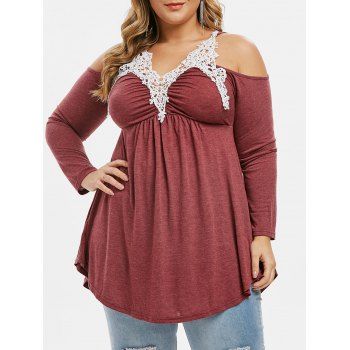 

Plus Size Applique Open Shoulder V Neck T-shirt, Red wine