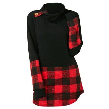 

Plus Size Long Sleeve Plaid Cowl Neck T-shirt, Black